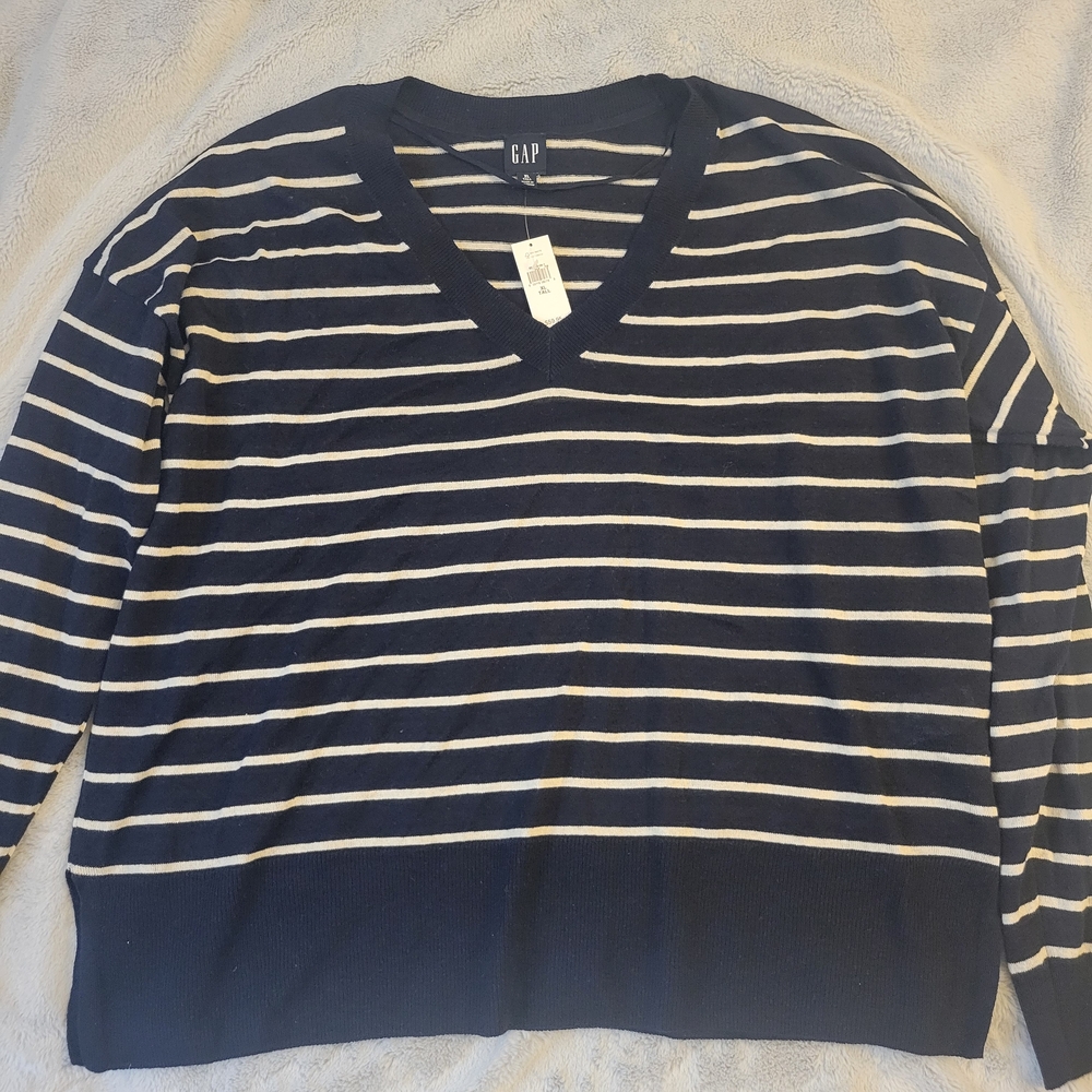 New Gap 27/7 Split Hem Linen Blend Navy Striped Sweater